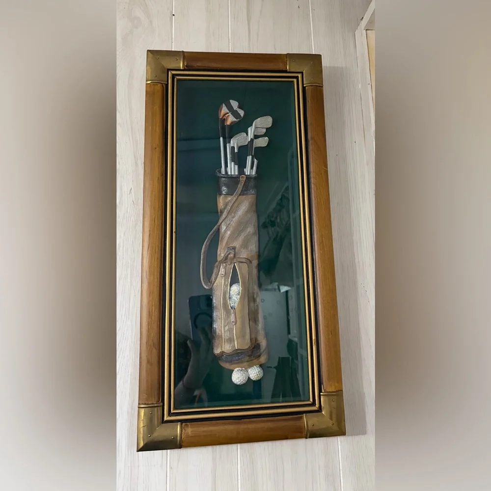Vintage 1950s 3D Golf Shadow Box Wall Display in Wood & Brass Frame